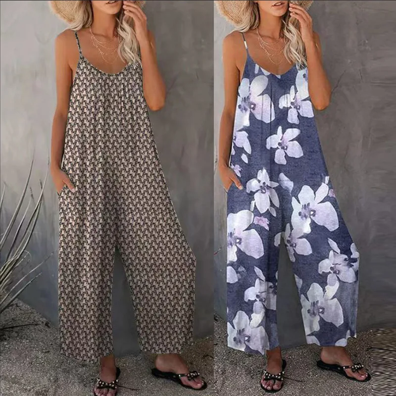 Summer New Women's Printed Casual Sleeveless Loose Wide Leg jumpsuit