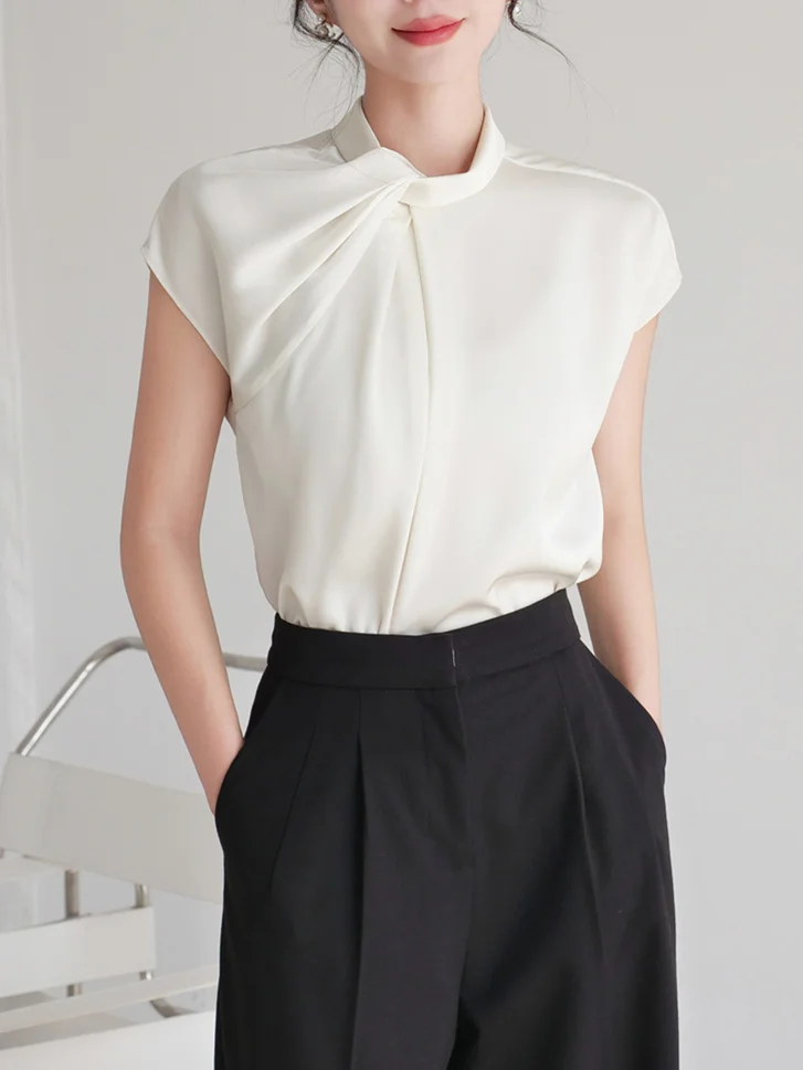 New 2024 Summer Chiffon Blouse For Women Stand Collar Short Sleeve White Shirts & Blouses Korean Fashion Ladies Tops Hot Sale