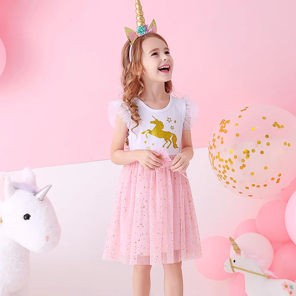 VIKITA Girls Licorne Print Dress Girls Flare Sleeve Summer Dresses Kids Birthday Party Patchwork Princess Elegant Cute Dresses
