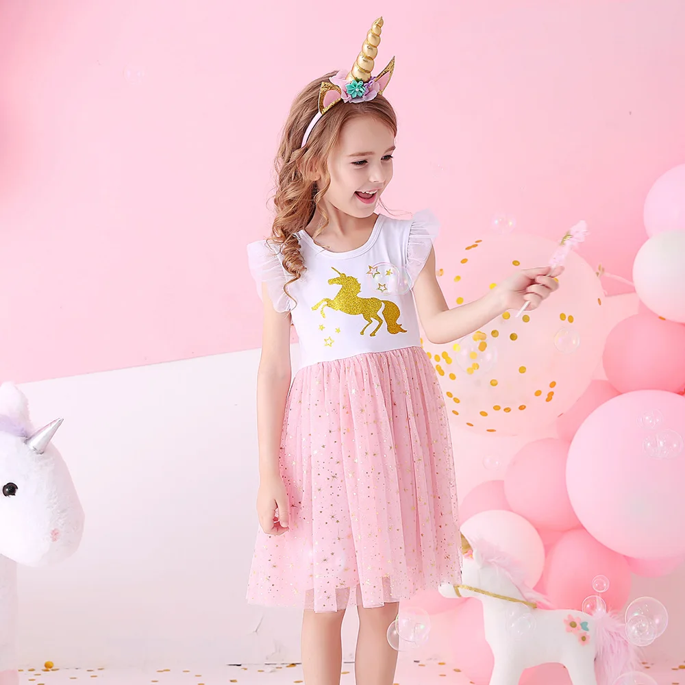 VIKITA Girls Licorne Print Dress Girls Flare Sleeve Summer Dresses Kids Birthday Party Patchwork Princess Elegant Cute Dresses