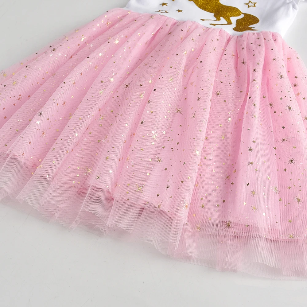 VIKITA Girls Licorne Print Dress Girls Flare Sleeve Summer Dresses Kids Birthday Party Patchwork Princess Elegant Cute Dresses