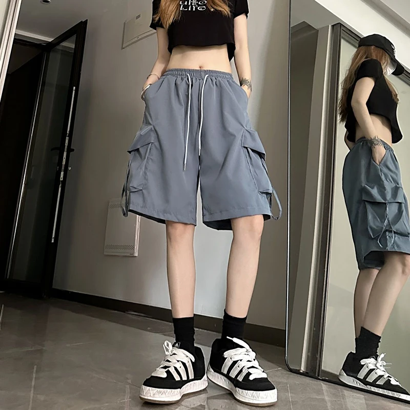 ZOKI Women High Waist Cargo Shorts American Style Streetwear Summer Wide Leg Pants Fashion Female Big Pocket Loose Shorts New