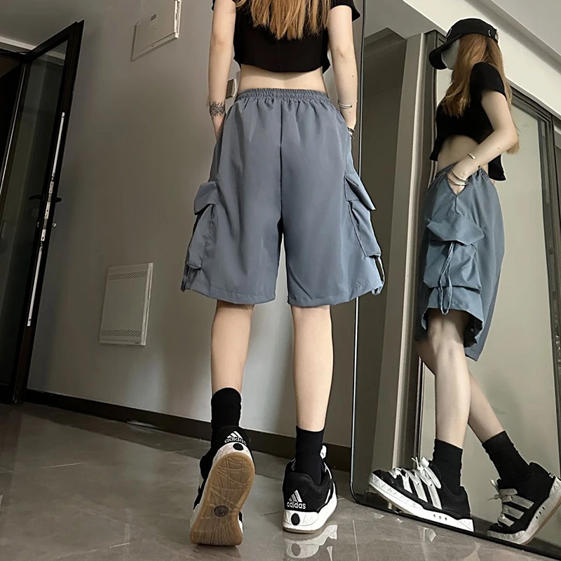 ZOKI Women High Waist Cargo Shorts American Style Streetwear Summer Wide Leg Pants Fashion Female Big Pocket Loose Shorts New