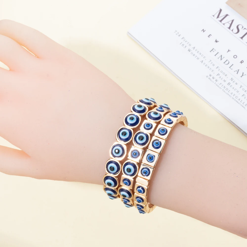 2024 New Fashion Devil Eye Bangle For Women Inlaid Charm Gold Color Elastic Bracelets Accessory