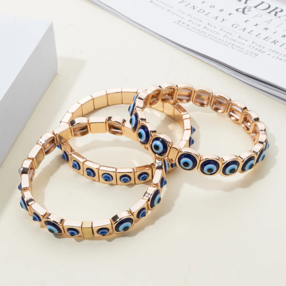 2024 New Fashion Devil Eye Bangle For Women Inlaid Charm Gold Color Elastic Bracelets Accessory
