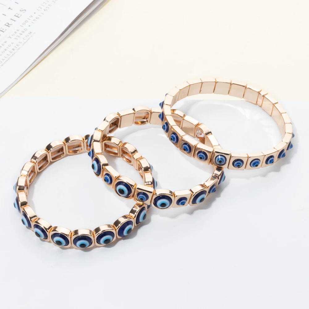 2024 New Fashion Devil Eye Bangle For Women Inlaid Charm Gold Color Elastic Bracelets Accessory