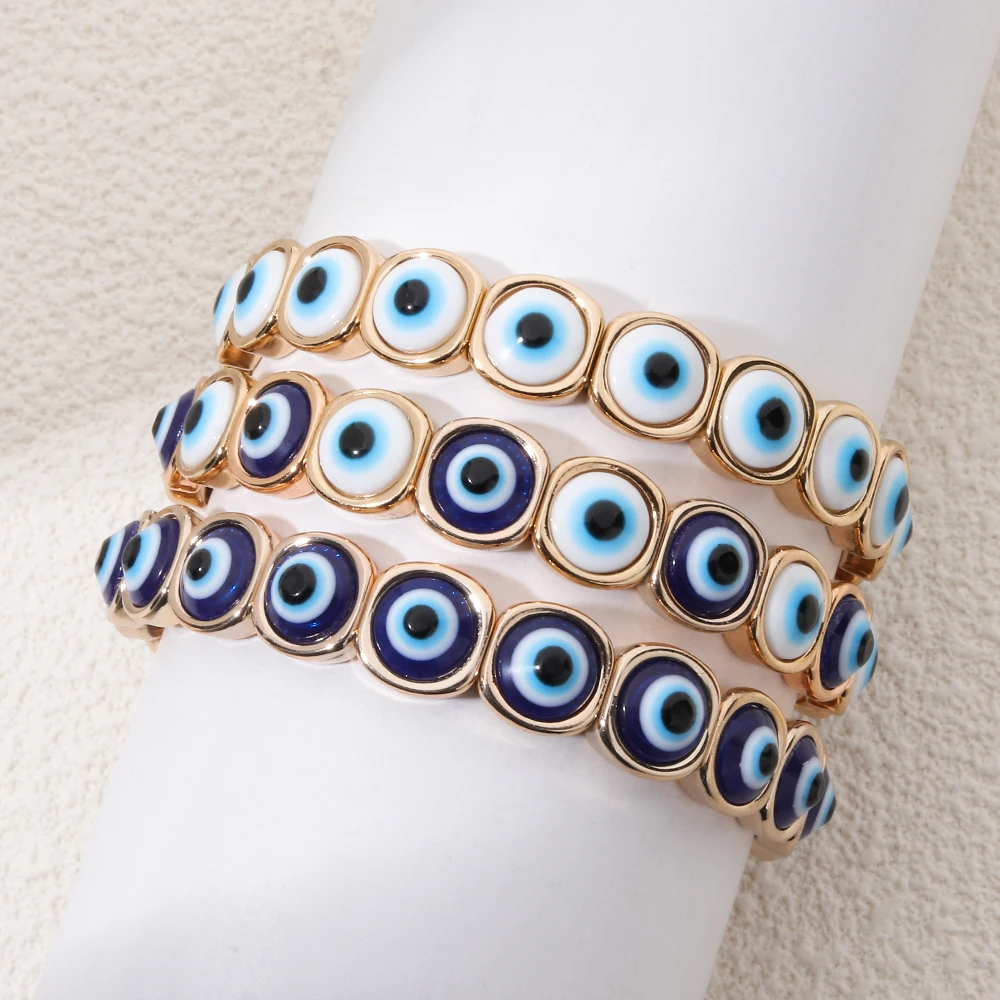2024 New Fashion Devil Eye Bangle For Women Inlaid Charm Gold Color Elastic Bracelets Accessory