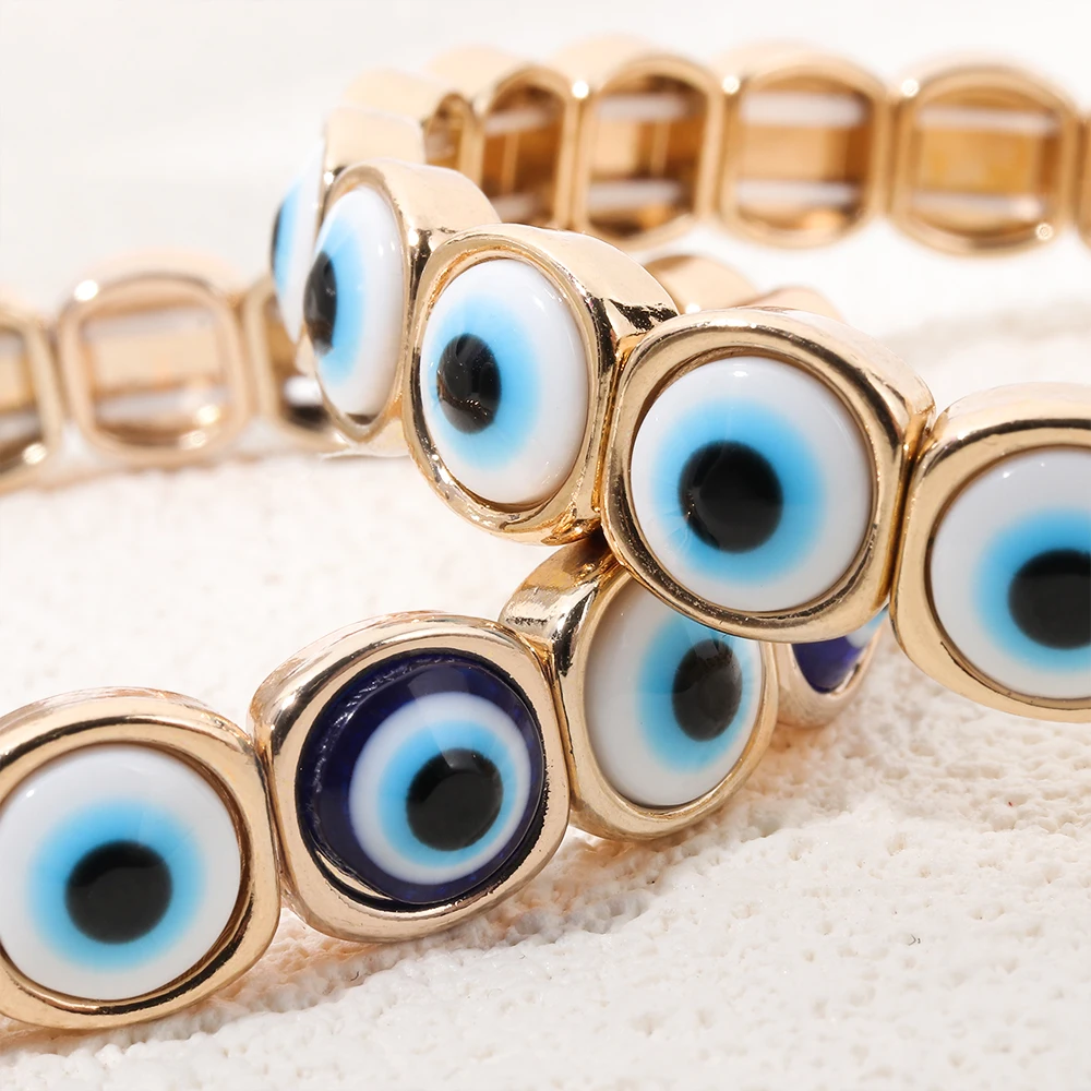 2024 New Fashion Devil Eye Bangle For Women Inlaid Charm Gold Color Elastic Bracelets Accessory