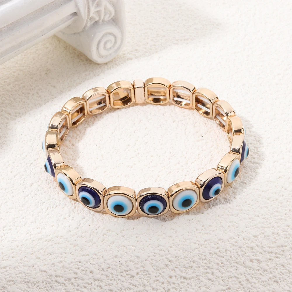2024 New Fashion Devil Eye Bangle For Women Inlaid Charm Gold Color Elastic Bracelets Accessory
