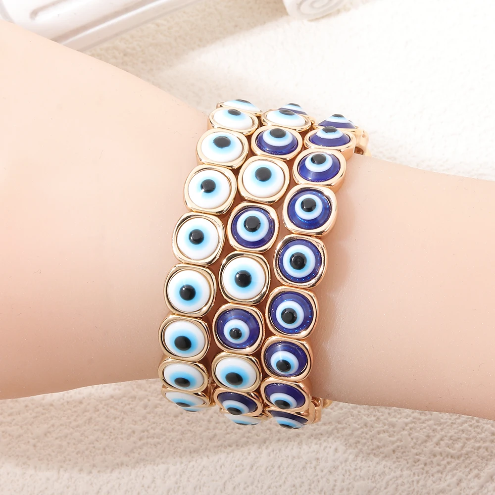 2024 New Fashion Devil Eye Bangle For Women Inlaid Charm Gold Color Elastic Bracelets Accessory