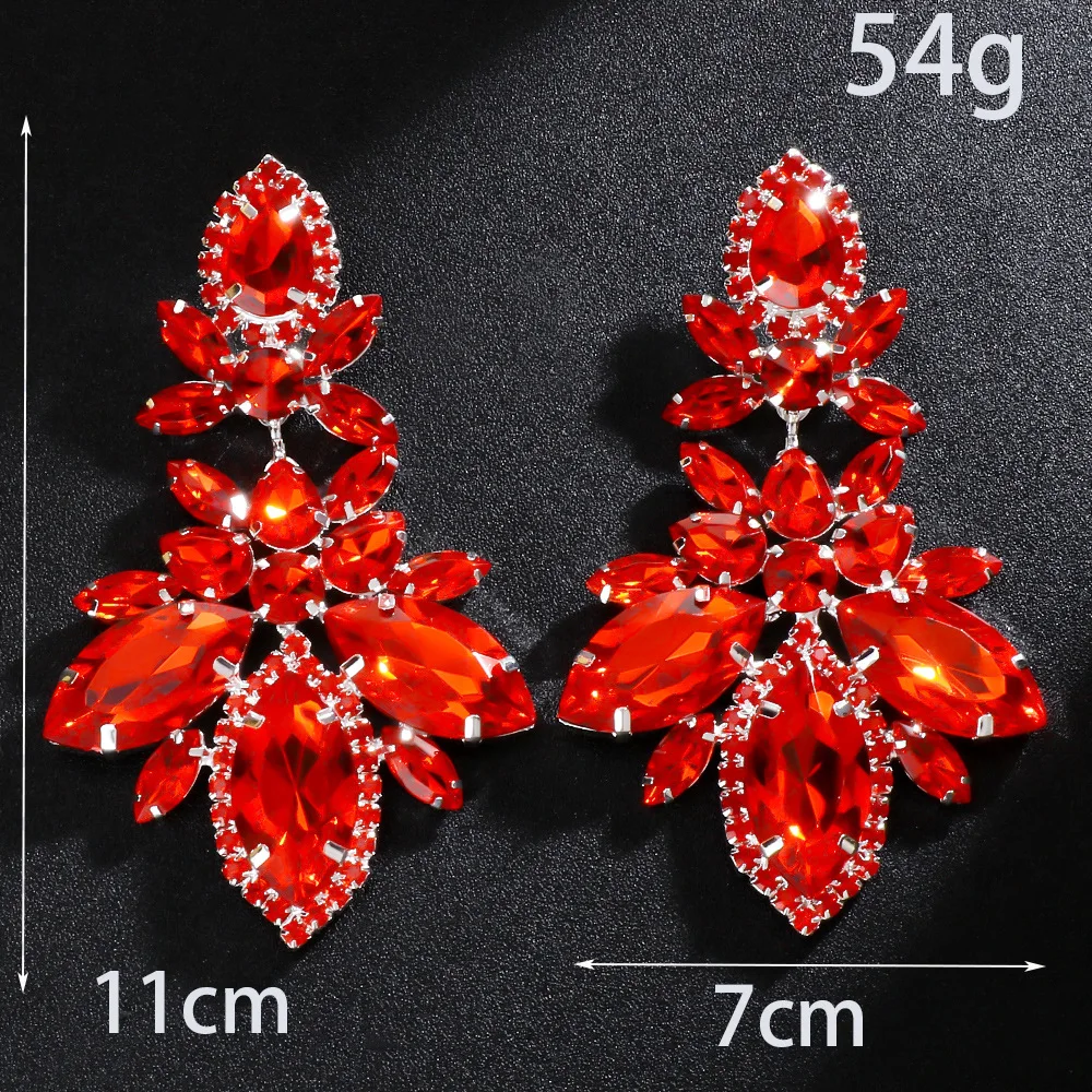Sparkling Red Rhinestone Marquise Stone Exaggerated Drop Earrings For Women Vintage Fashion Gold Silver Color Engagement Jewelry