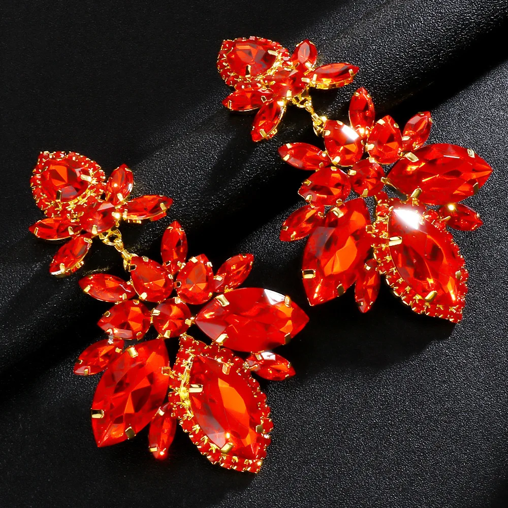 Sparkling Red Rhinestone Marquise Stone Exaggerated Drop Earrings For Women Vintage Fashion Gold Silver Color Engagement Jewelry