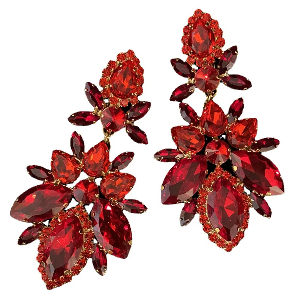 Sparkling Red Rhinestone Marquise Stone Exaggerated Drop Earrings For Women Vintage Fashion Gold Silver Color Engagement Jewelry