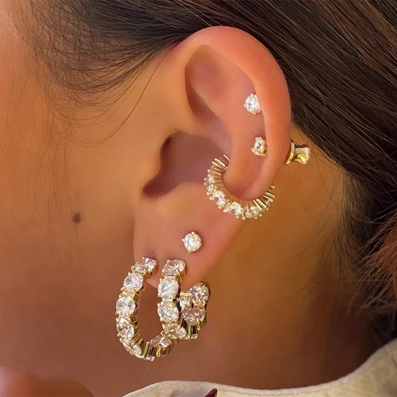 Crmya Hiphop Cuff Earring for Women Yellow Gold Color Zircon Clip Hoop Earrings 2024 Fashion Women Jewelry Accessories Wholesale