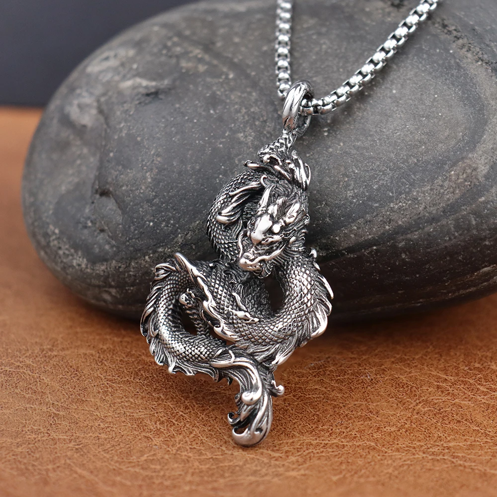 Fashion Chinese Dragon Pendant Chain Stainless Steel Domineering Loong Necklaces Amulet Unique Charm Men's Jewelry Accessories