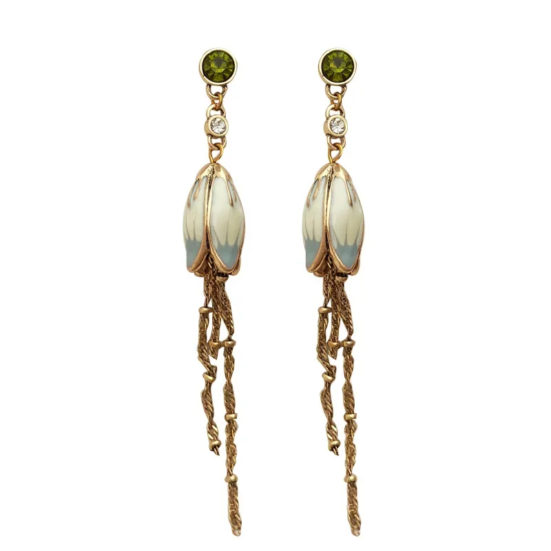 Modern Jewelry Green Glass Pretty Lotus Long Chain Dangle Earrings For Women Girl Party Wedding Gift 2023 New