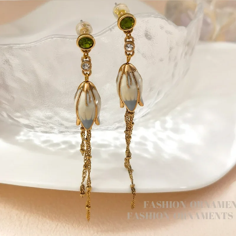 Modern Jewelry Green Glass Pretty Lotus Long Chain Dangle Earrings For Women Girl Party Wedding Gift 2023 New