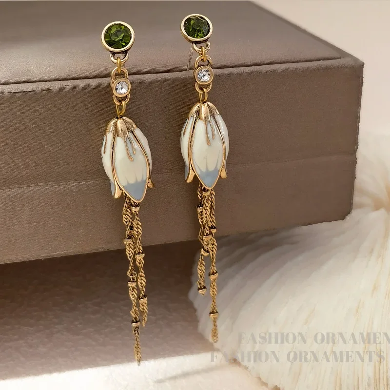 Modern Jewelry Green Glass Pretty Lotus Long Chain Dangle Earrings For Women Girl Party Wedding Gift 2023 New