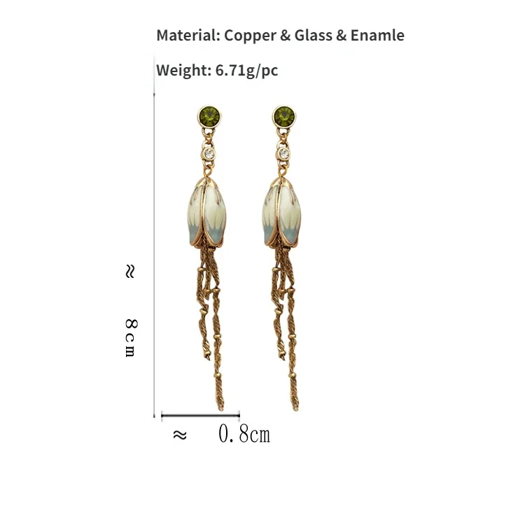 Modern Jewelry Green Glass Pretty Lotus Long Chain Dangle Earrings For Women Girl Party Wedding Gift 2023 New