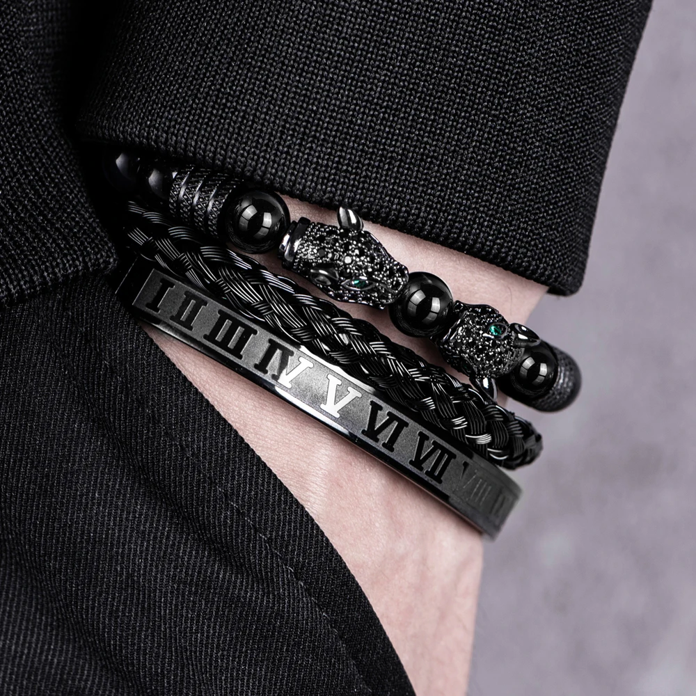 3PCS Mens Premium Black Agate Beaded Bracelet Set - Double Leopard Head, Roman Numerals, Adjustable Braided Design Bracelets