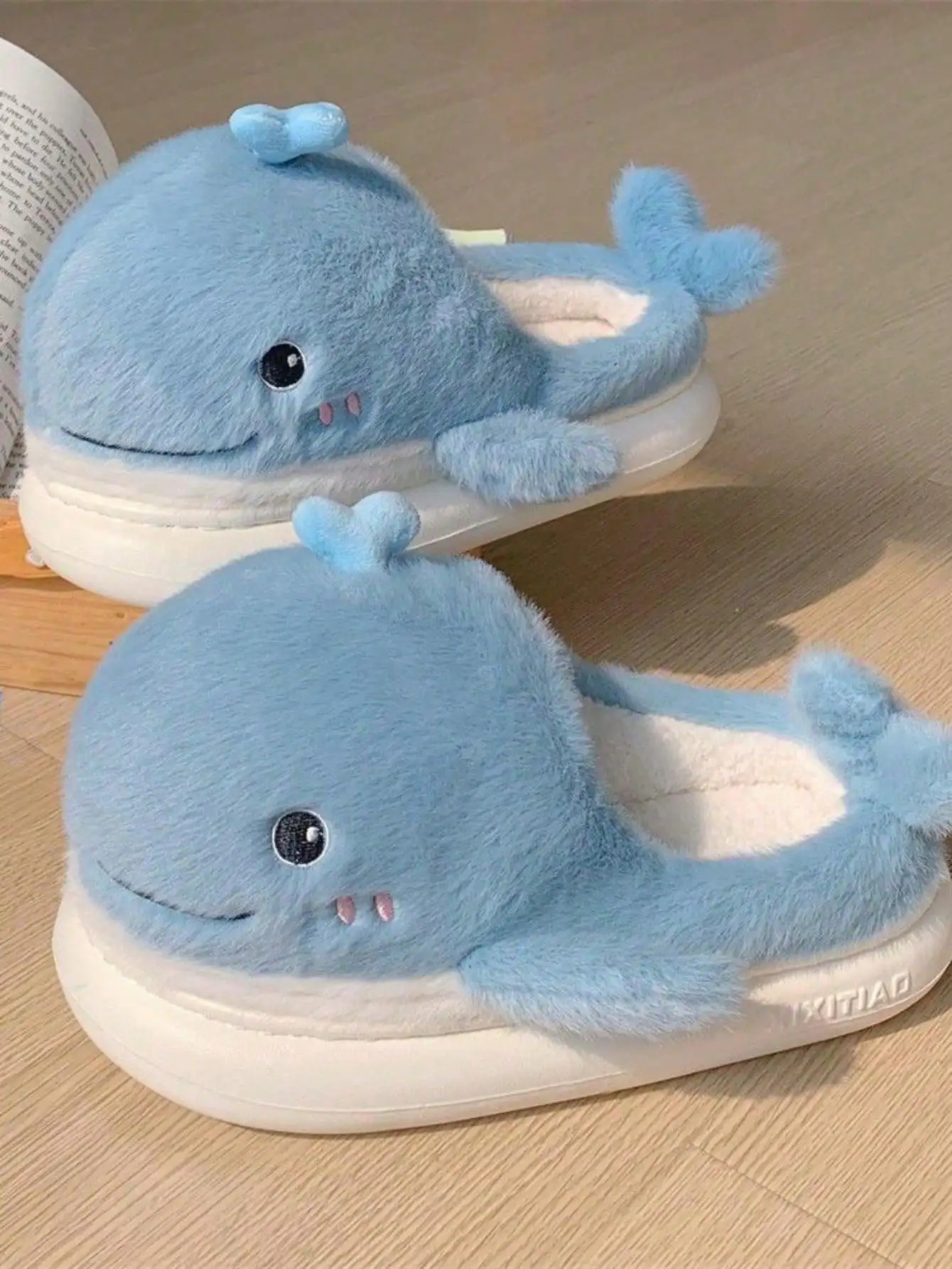 Cute Whales Winter New Women Slipper Soft Heel Platform Fur Warm Indoor Comfortable Home Fluffy Home Slippers