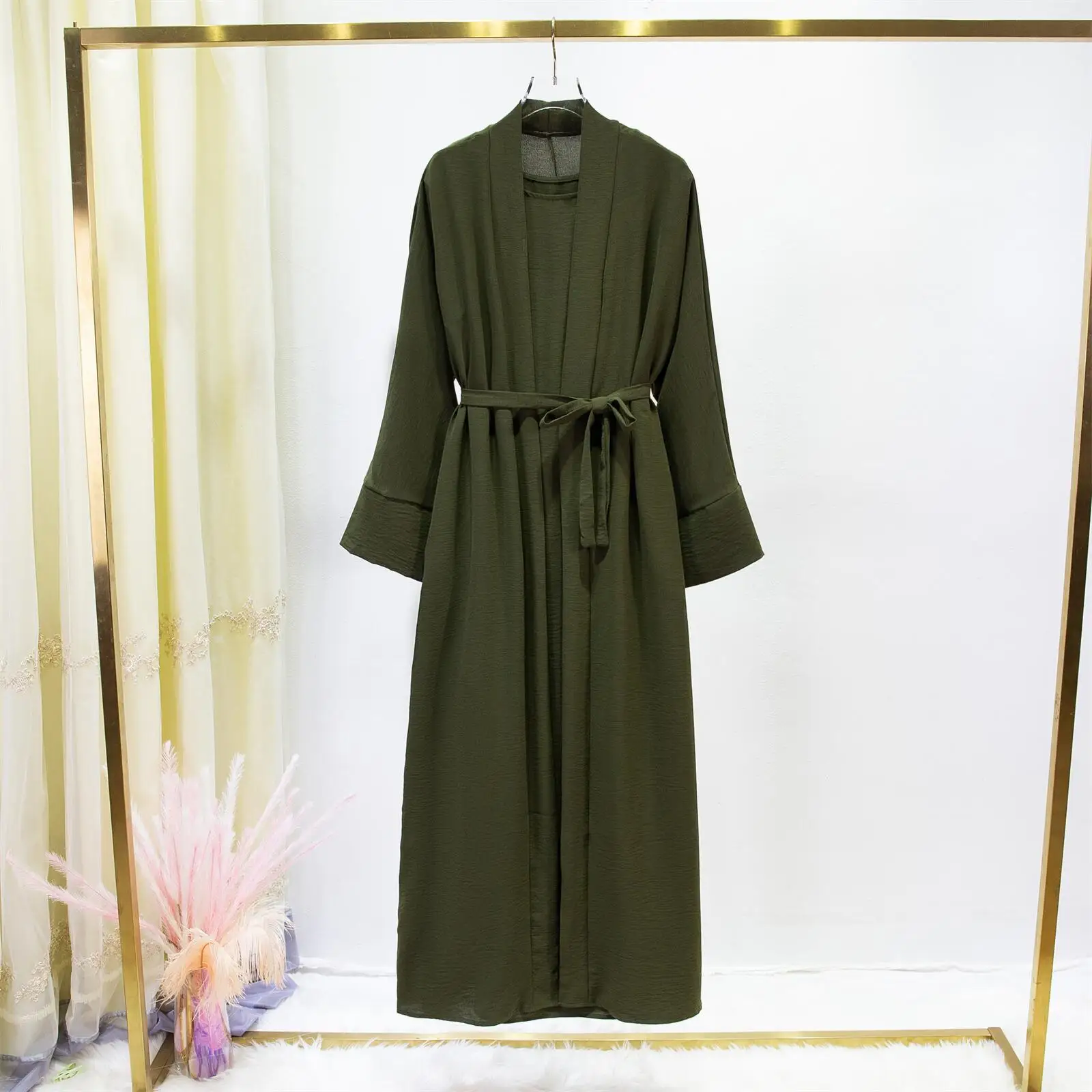 2pics Muslim Sets Muslim Jilbab Two Pieces Women Out Abaya Loose Cardigan Coat Sleeveless Inner Dress Prayer Clothing with Belt