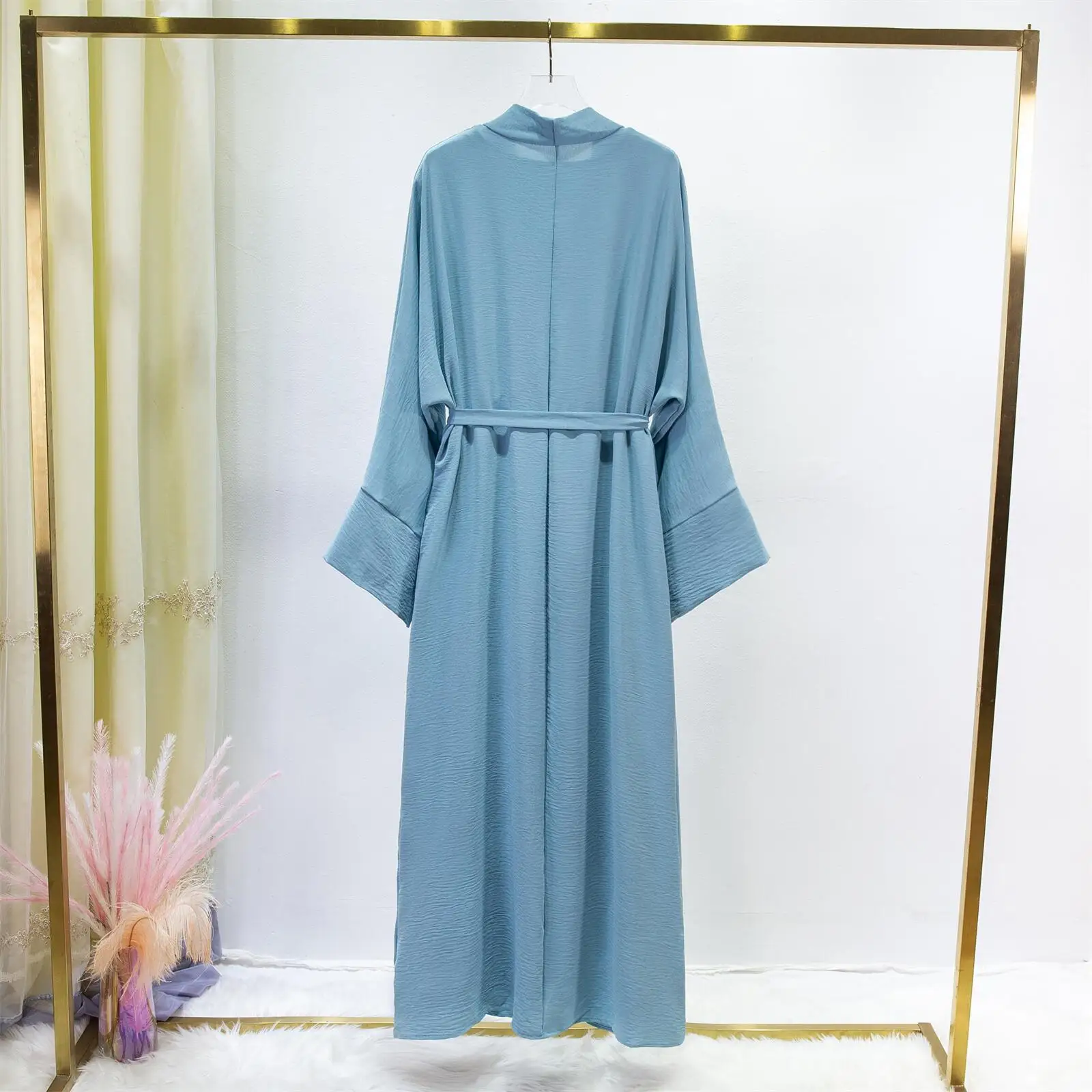 2pics Muslim Sets Muslim Jilbab Two Pieces Women Out Abaya Loose Cardigan Coat Sleeveless Inner Dress Prayer Clothing with Belt