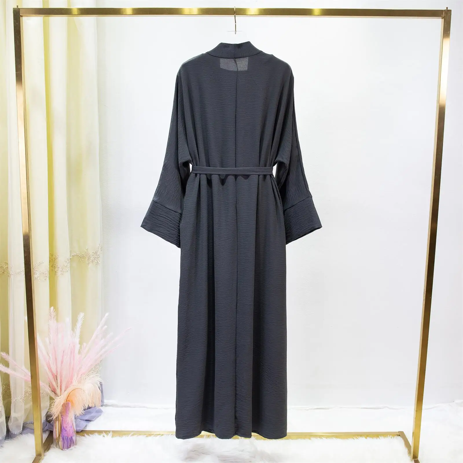 2pics Muslim Sets Muslim Jilbab Two Pieces Women Out Abaya Loose Cardigan Coat Sleeveless Inner Dress Prayer Clothing with Belt