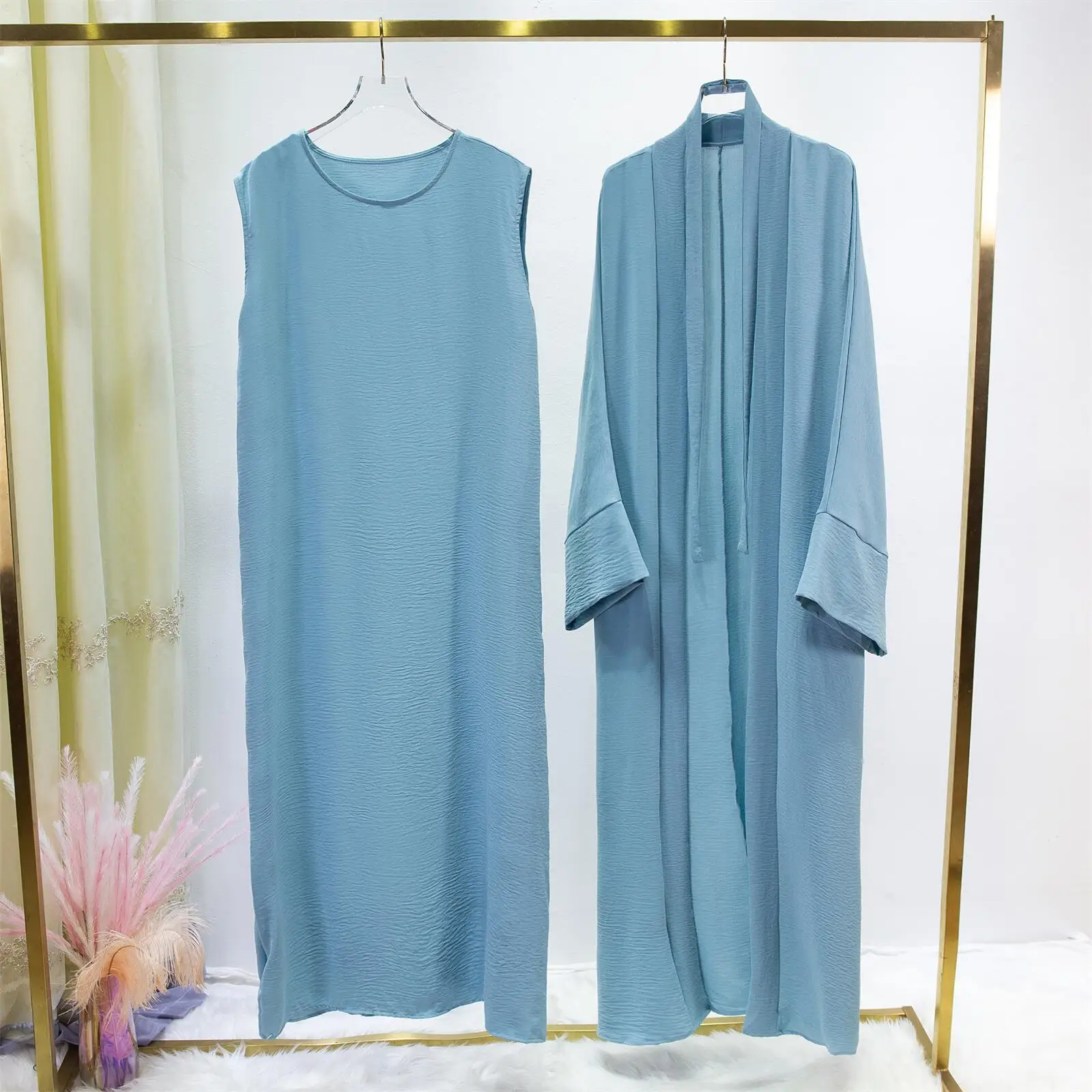 2pics Muslim Sets Muslim Jilbab Two Pieces Women Out Abaya Loose Cardigan Coat Sleeveless Inner Dress Prayer Clothing with Belt