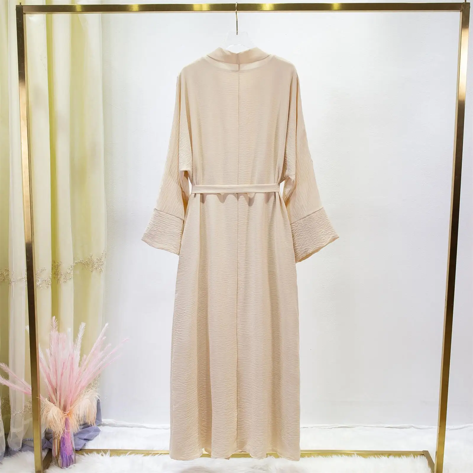 2pics Muslim Sets Muslim Jilbab Two Pieces Women Out Abaya Loose Cardigan Coat Sleeveless Inner Dress Prayer Clothing with Belt