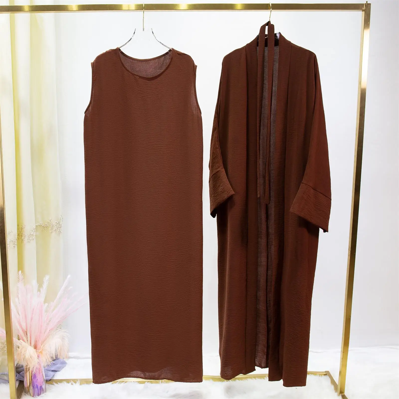 2pics Muslim Sets Muslim Jilbab Two Pieces Women Out Abaya Loose Cardigan Coat Sleeveless Inner Dress Prayer Clothing with Belt