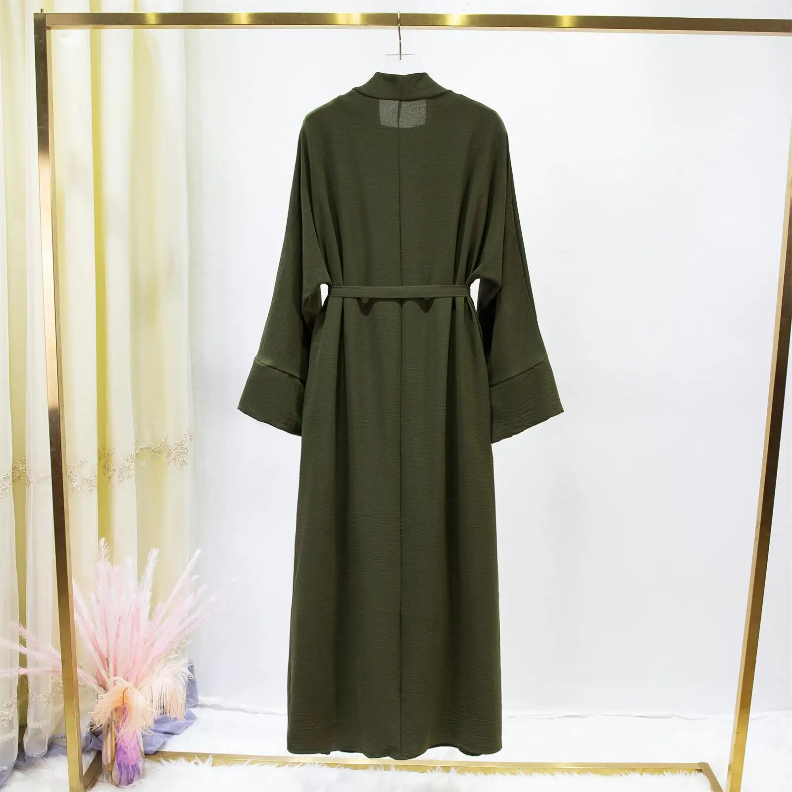 2pics Muslim Sets Muslim Jilbab Two Pieces Women Out Abaya Loose Cardigan Coat Sleeveless Inner Dress Prayer Clothing with Belt
