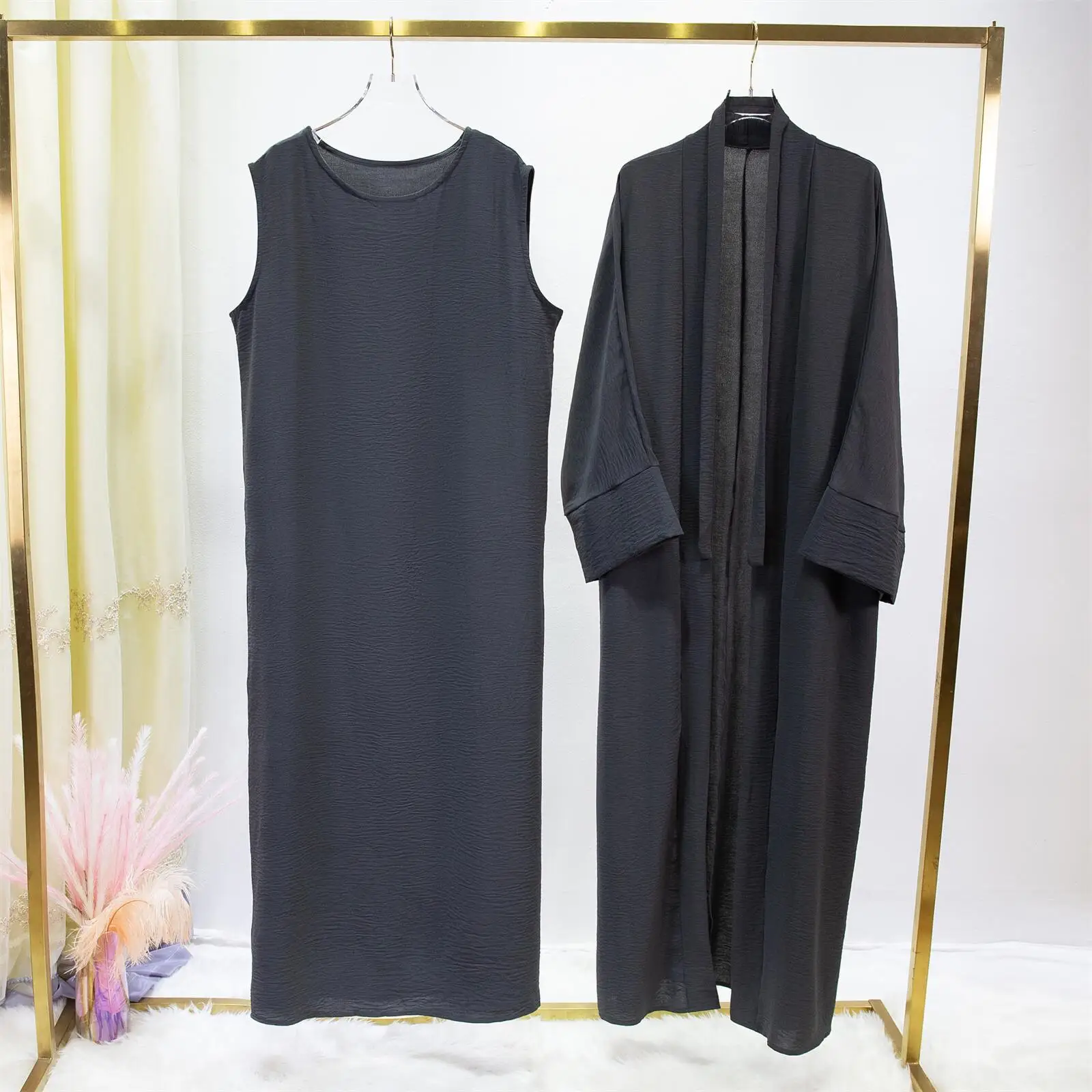 2pics Muslim Sets Muslim Jilbab Two Pieces Women Out Abaya Loose Cardigan Coat Sleeveless Inner Dress Prayer Clothing with Belt