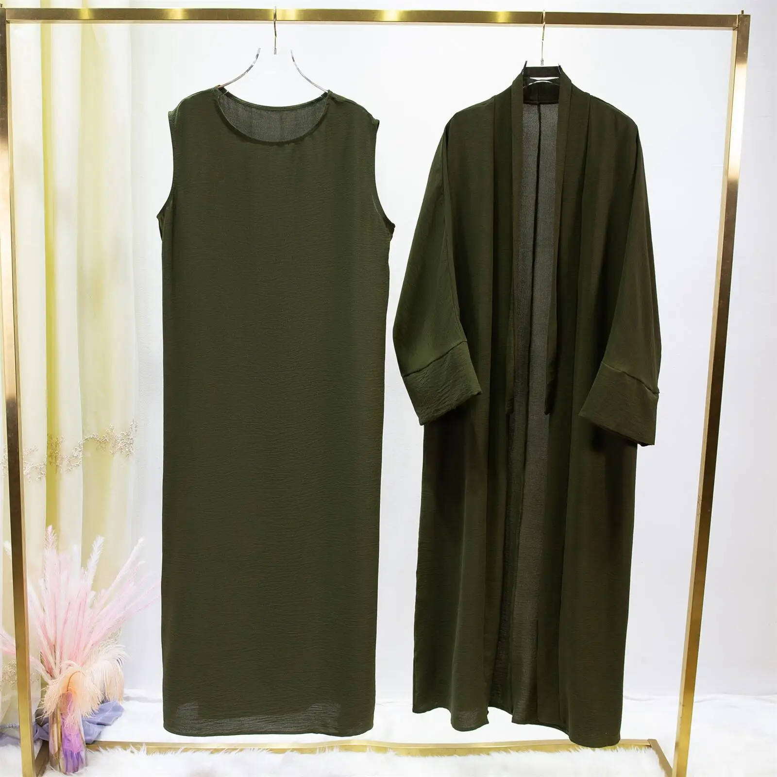 2pics Muslim Sets Muslim Jilbab Two Pieces Women Out Abaya Loose Cardigan Coat Sleeveless Inner Dress Prayer Clothing with Belt