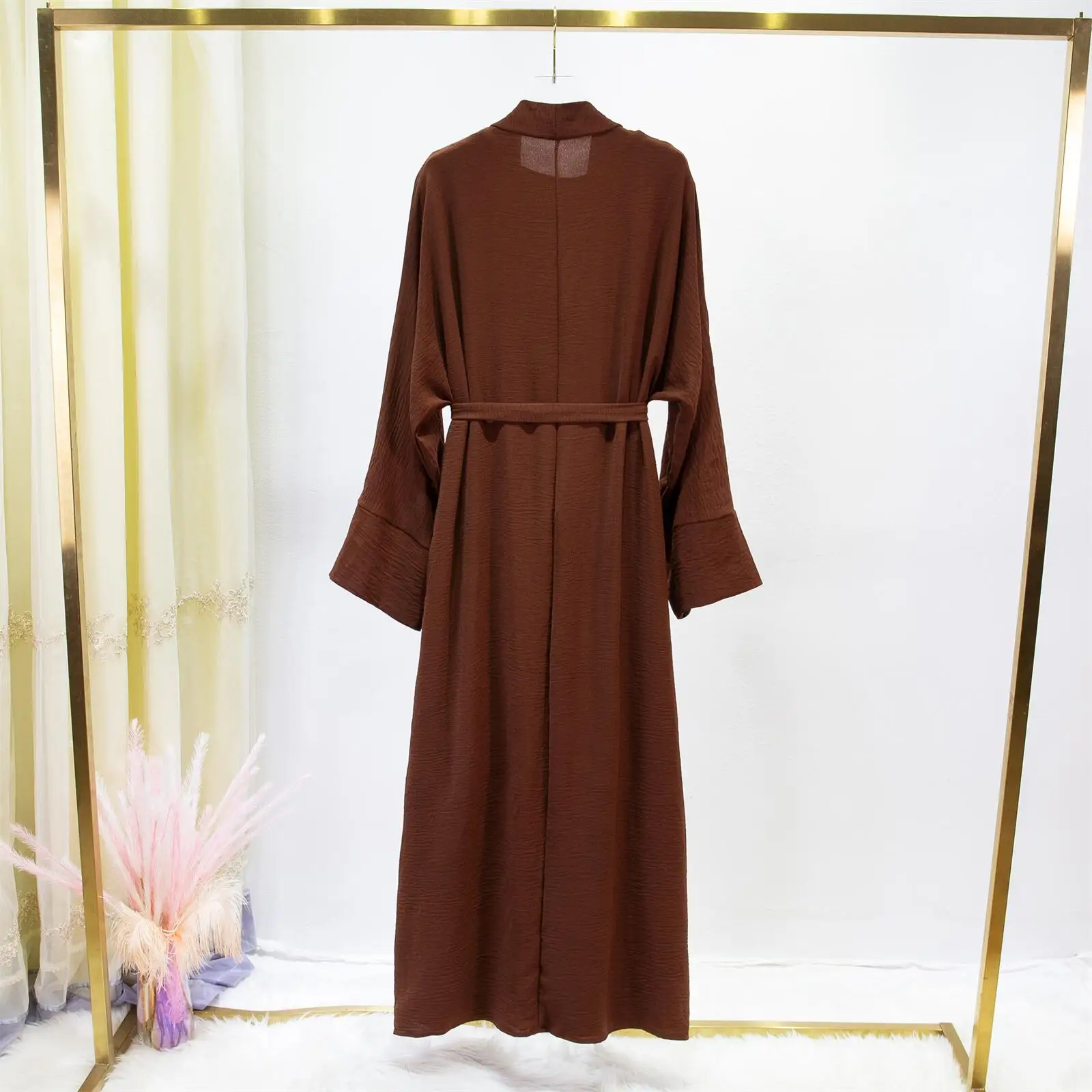 2pics Muslim Sets Muslim Jilbab Two Pieces Women Out Abaya Loose Cardigan Coat Sleeveless Inner Dress Prayer Clothing with Belt