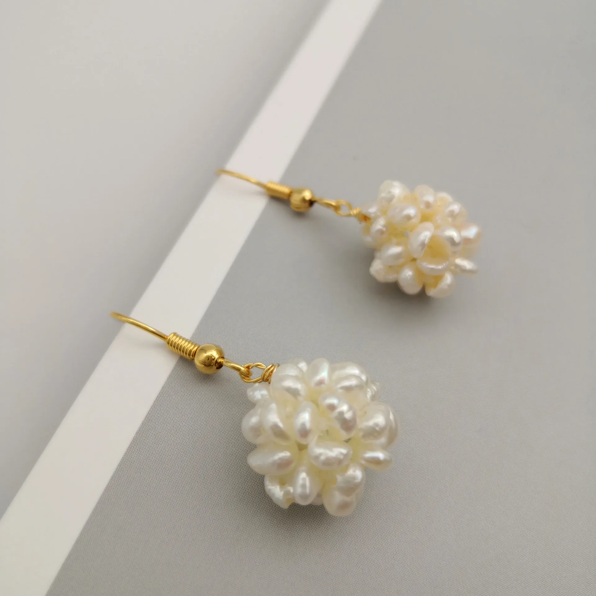 Minar Dainty Natural Freshwater Pearl Flower Ball Drop Earrings for Women 14K Real Gold Plated Copper Wedding Daily Jewelry