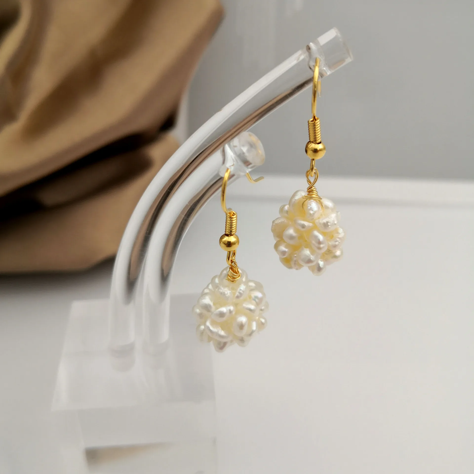 Minar Dainty Natural Freshwater Pearl Flower Ball Drop Earrings for Women 14K Real Gold Plated Copper Wedding Daily Jewelry