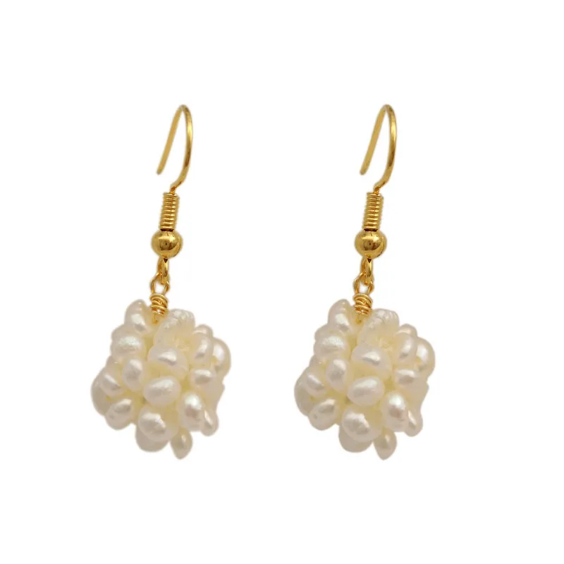 Minar Dainty Natural Freshwater Pearl Flower Ball Drop Earrings for Women 14K Real Gold Plated Copper Wedding Daily Jewelry