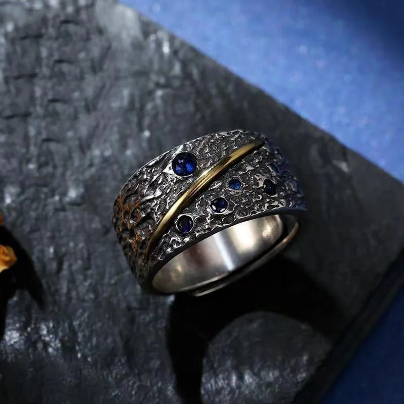 New Arrival Silver 925 Ring Male Jewelry Dominant Personalized Retro Ring For Men Jewelry Wide Starry Sky Opening Hand Ornament