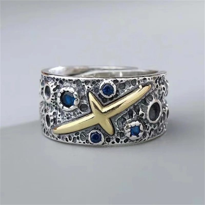New Arrival Silver 925 Ring Male Jewelry Dominant Personalized Retro Ring For Men Jewelry Wide Starry Sky Opening Hand Ornament