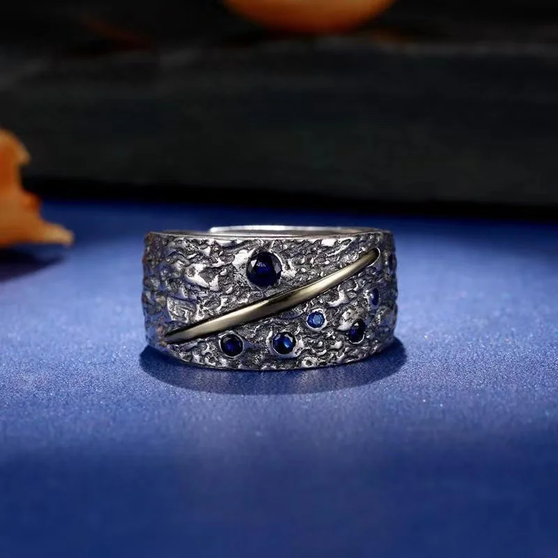New Arrival Silver 925 Ring Male Jewelry Dominant Personalized Retro Ring For Men Jewelry Wide Starry Sky Opening Hand Ornament