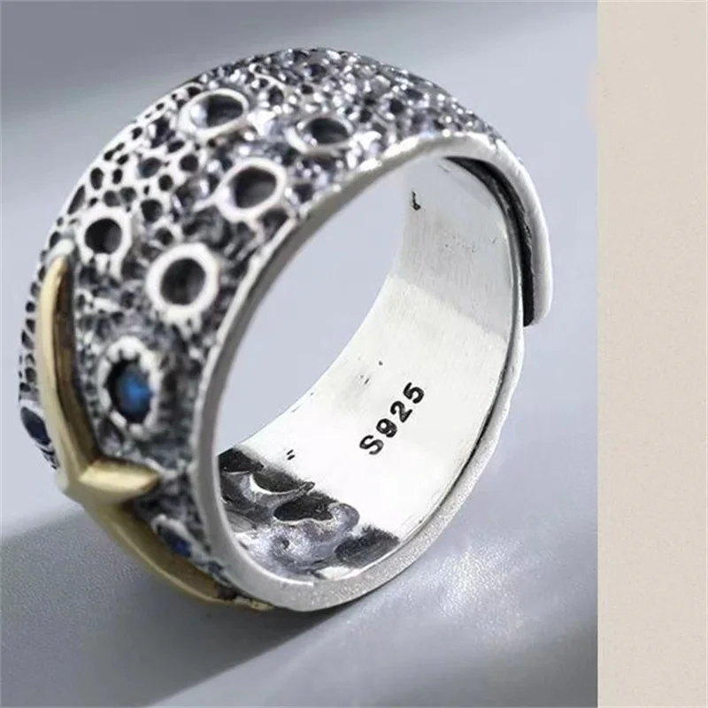New Arrival Silver 925 Ring Male Jewelry Dominant Personalized Retro Ring For Men Jewelry Wide Starry Sky Opening Hand Ornament