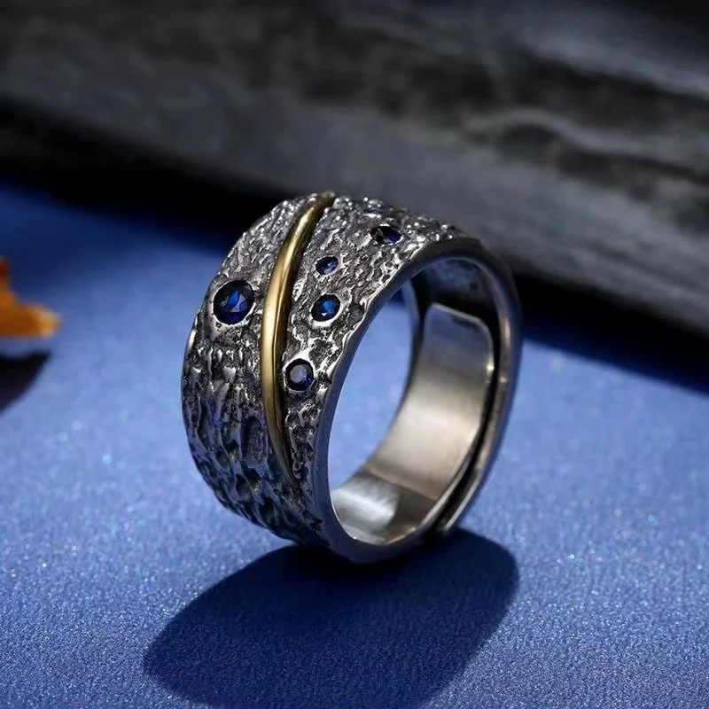 New Arrival Silver 925 Ring Male Jewelry Dominant Personalized Retro Ring For Men Jewelry Wide Starry Sky Opening Hand Ornament