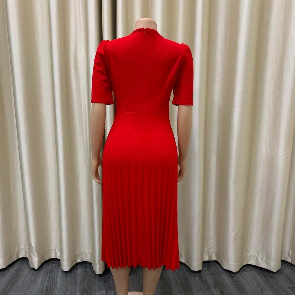 Elegant Office Ladies Dresses Pleated O Neck Short Sleeve High Waisted Mid Calf Formal Business Work Dress Midi Cloth Vestidos