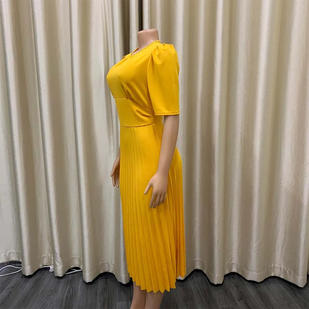 Elegant Office Ladies Dresses Pleated O Neck Short Sleeve High Waisted Mid Calf Formal Business Work Dress Midi Cloth Vestidos