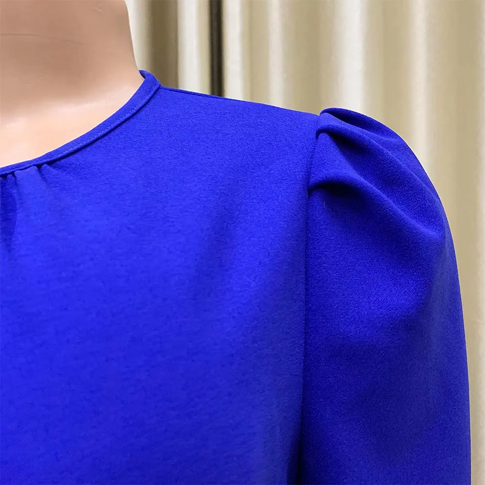 Elegant Office Ladies Dresses Pleated O Neck Short Sleeve High Waisted Mid Calf Formal Business Work Dress Midi Cloth Vestidos