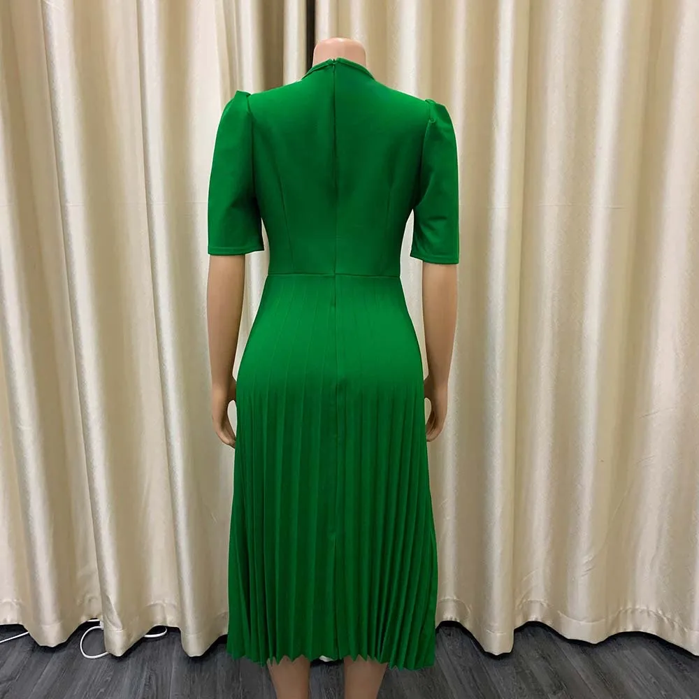 Elegant Office Ladies Dresses Pleated O Neck Short Sleeve High Waisted Mid Calf Formal Business Work Dress Midi Cloth Vestidos