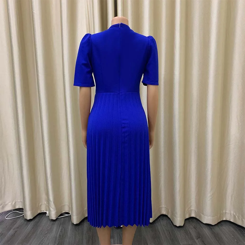 Elegant Office Ladies Dresses Pleated O Neck Short Sleeve High Waisted Mid Calf Formal Business Work Dress Midi Cloth Vestidos