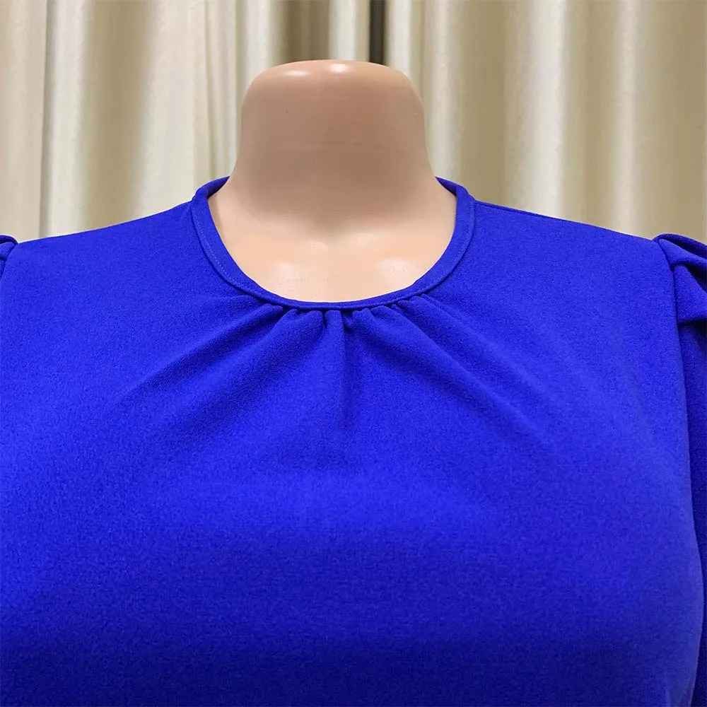 Elegant Office Ladies Dresses Pleated O Neck Short Sleeve High Waisted Mid Calf Formal Business Work Dress Midi Cloth Vestidos
