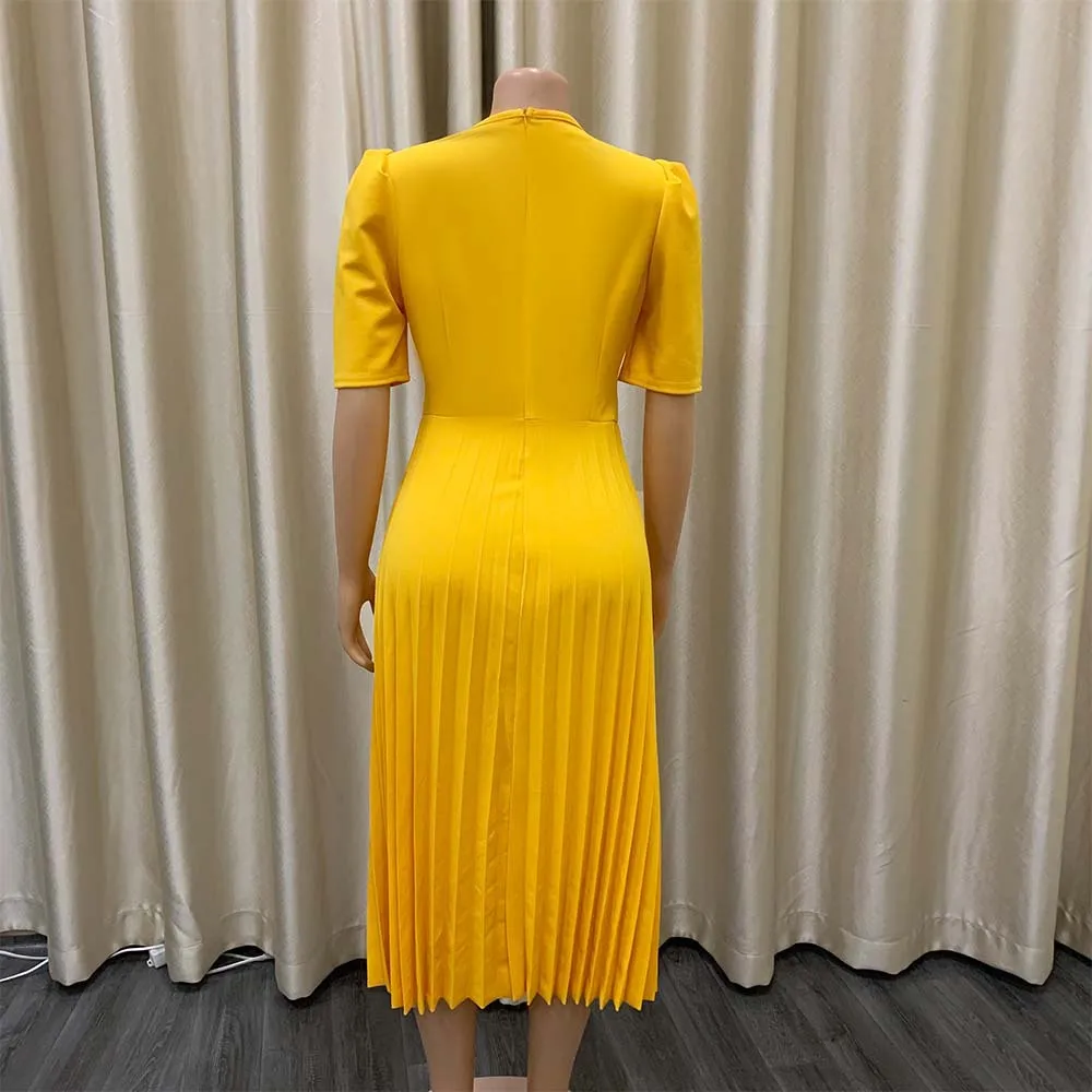 Elegant Office Ladies Dresses Pleated O Neck Short Sleeve High Waisted Mid Calf Formal Business Work Dress Midi Cloth Vestidos